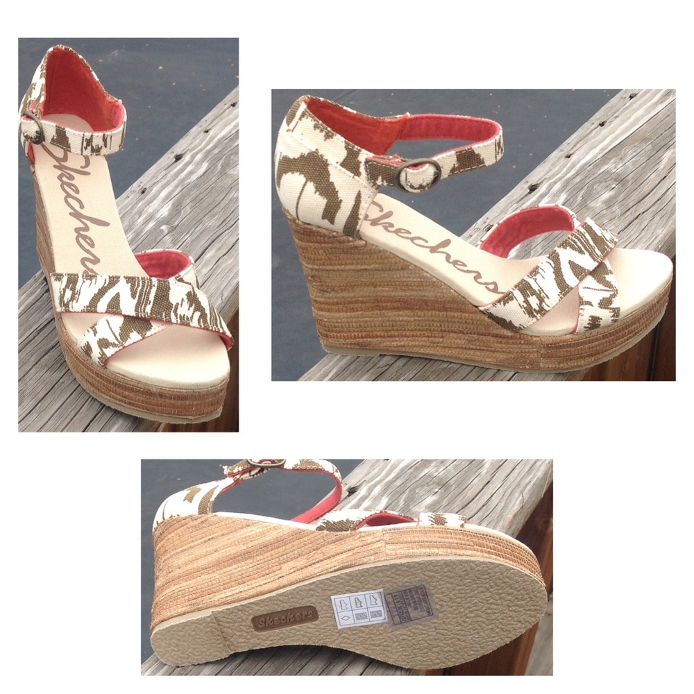 SKECHER BOMB SHELL-IKAT TAN CREAM PRINT PLATFORM WEDGE SANDAL NIB SOLD O…